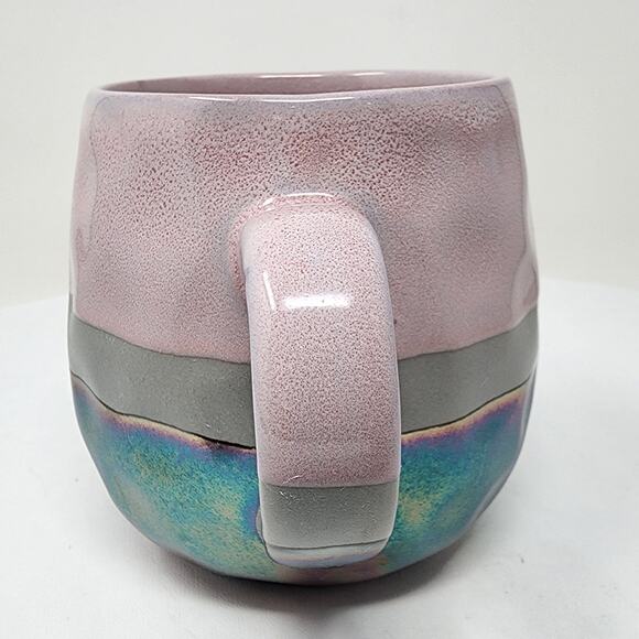Roscher Stoneware Coffee Mug Pink Grey Blue Iridescent Striped  Micro & DW Safe - Picture 2 of 7
